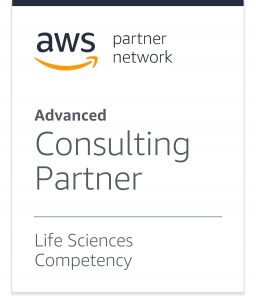 AWS Partner Network badge displaying the official AWS logo above the words 'Advanced Consulting Partner' in black letters on a white background. Also Life Sciences Competency