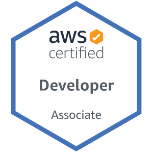 AWS Certified Developer Associate badge featuring a hexagonal shape with the AWS logo and text.