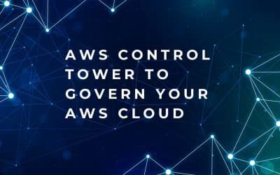 Blue background with connected nodes and the text "AWS Control Tower to Govern Your AWS Cloud."