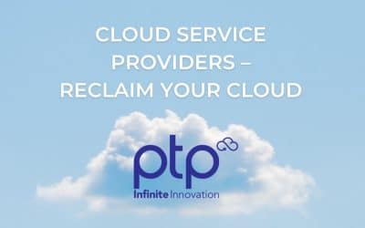 A cloud-themed promotional image with the text "Cloud Service Providers – Reclaim Your Cloud" and the PTP Infinite Innovation logo.