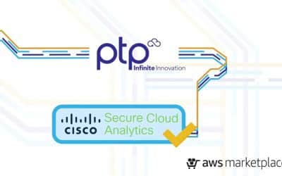PTP and Cisco Secure Cloud Analytics feature image showcasing PTP’s Infinite Innovation branding alongside Cisco and AWS Marketplace logos. The design represents partnership-driven cloud security—delivering visibility, analytics, and protection across AWS environments through managed services and integrated threat detection.
