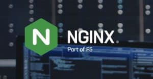 NGINX logo with the text "Part of F5" on a background featuring computer screens with code and server lights in the background.