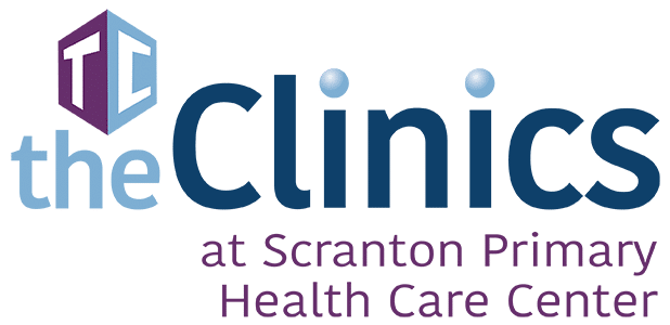 Logo of The Clinics at Scranton Primary Health Care Center featuring a stylized medical cross and the center’s name.