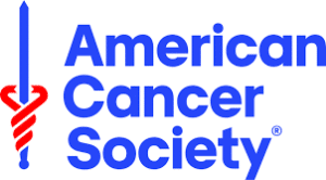 Logo of the American Cancer Society featuring a stylized blue and red logo with the words "American Cancer Society" in blue.