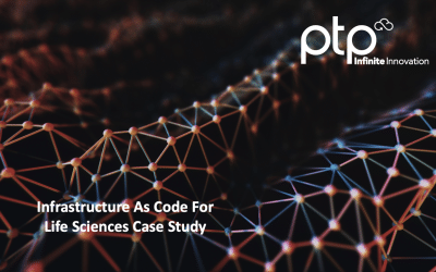 A close-up view of a complex network of interconnected nodes and lines, representing a sophisticated, scalable infrastructure. The PTP logo and tagline "Infinite Innovation" are visible in the upper right corner. The text "Infrastructure As Code For Life Sciences Case Study" is displayed prominently in the foreground.