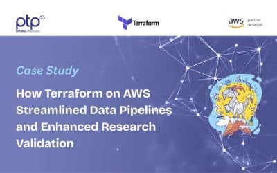 Case study banner titled "How Terraform on AWS Streamlined Data Pipelines and Enhanced Research Validation." Logos for PTP, Terraform, and AWS Partner Network are displayed above a blue background with interconnected network nodes. On the right, an illustration of a goat in a lab coat standing on a mountain surrounded by lab tools represents scientific innovation and data orchestration in the cloud.