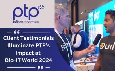 Feature image for a blog post showing a photo of a PTP member and a Quilt Data member in conversation at Bio-IT World 2024 on the right side, with the PTP logo and the title "Client Testimonials Illuminate PTP’s Impact at Bio-IT World 2024" overlaid on a blue background.