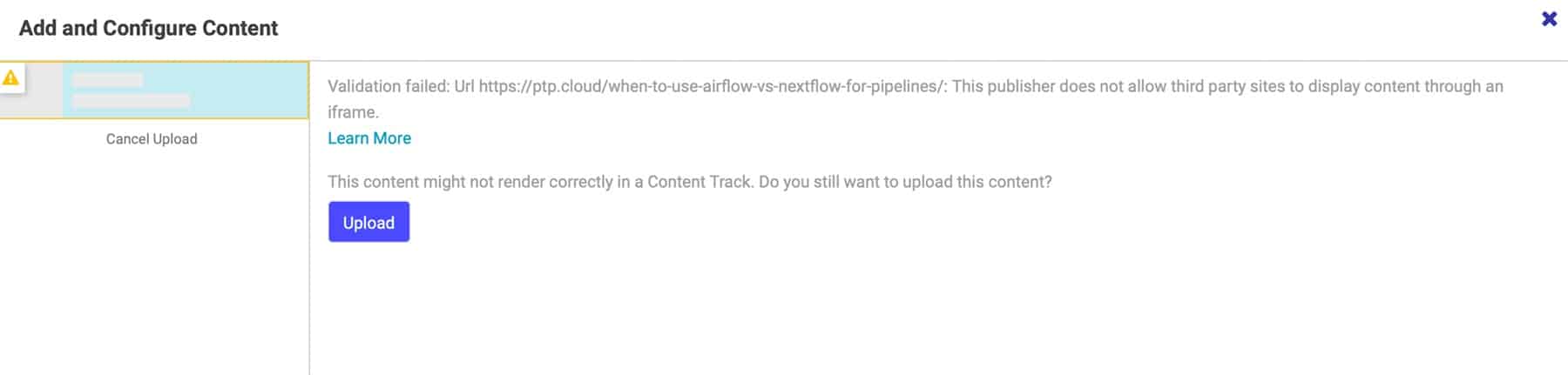Screenshot of an error message during content upload on a platform. The message states 