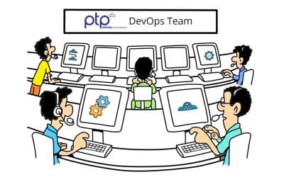 Illustration of PTP DevOps Team working on various tasks at their computers.