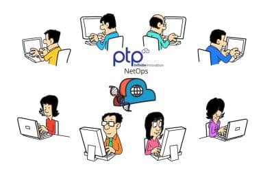 Illustration of PTP NetOps Team working on network operations for life sciences.