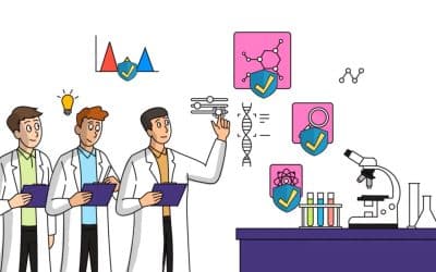 Scientists discussing data security strategies with PTP SecOps services in a laboratory.