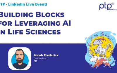 Illustration featuring a cartoon goat in a lab coat surrounded by scientific symbols, DNA strands, and beakers. The event title "Building Blocks for Leveraging AI in Life Sciences" is prominently displayed, with a caricature of Micah Frederick, PTP Cloud Architect, at the bottom.