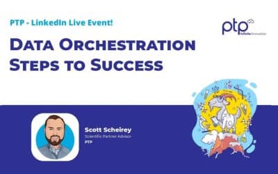 Feature image for **“Data Orchestration in Life Sciences: AWS-Powered Strategies for AI, ML, and Scale.”** The visual highlights PTP’s LinkedIn Live event hosted by Scott Scheirey, focusing on cloud-enabled data orchestration for biotech and life sciences organizations. The session explores how AWS tools streamline workflows, eliminate data silos, and accelerate AI-driven research with managed IT solutions.