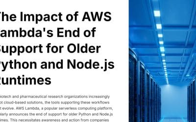 Feature image for "The Impact of AWS Lambda's End of Support for Older Python and Node.js Runtimes," showing a modern data center with blue lighting.
