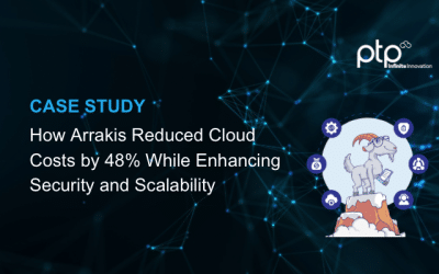 Feature image for the case study “How Arrakis Reduced Cloud Costs by 48% While Enhancing Security and Scalability,” showing the PTP logo, the title text, and an illustration of a goat in a lab coat surrounded by icons symbolizing automation, collaboration, and cloud security.