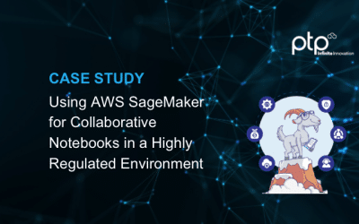 Feature image for the case study “Using AWS SageMaker for Collaborative Notebooks in a Highly Regulated Environment,” showing the PTP logo, the title text, and an illustration of a goat in a lab coat surrounded by icons symbolizing automation, security, and collaboration.