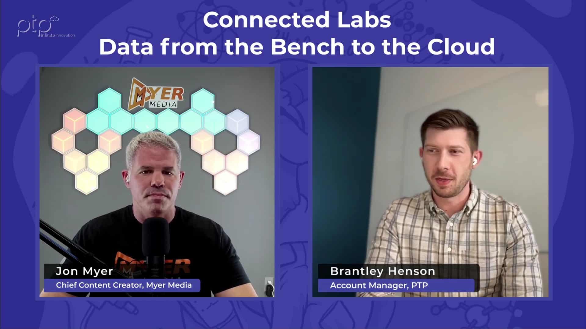 Jon Myer and Brantley Henson discuss connected biotech labs in a video call, with the title