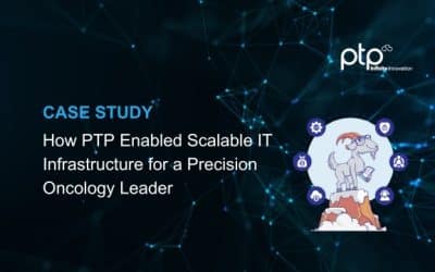 Case study title screen showing PTP logo and a cartoon mountain goat surrounded by IT icons, set against a digital network background.