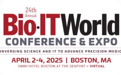 Bio-IT World Conference & Expo 2025 logo with event details: April 2-4, 2025, Boston, MA, Omni Hotel at the Seaport plus virtual attendance option.