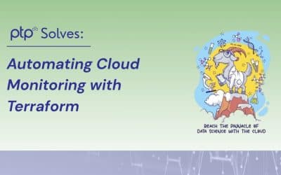 Feature image for blog titled “PTP Solves: Automating Cloud Monitoring with Terraform,” showing a cartoon goat in a lab coat symbolizing innovation and cloud-based data science.