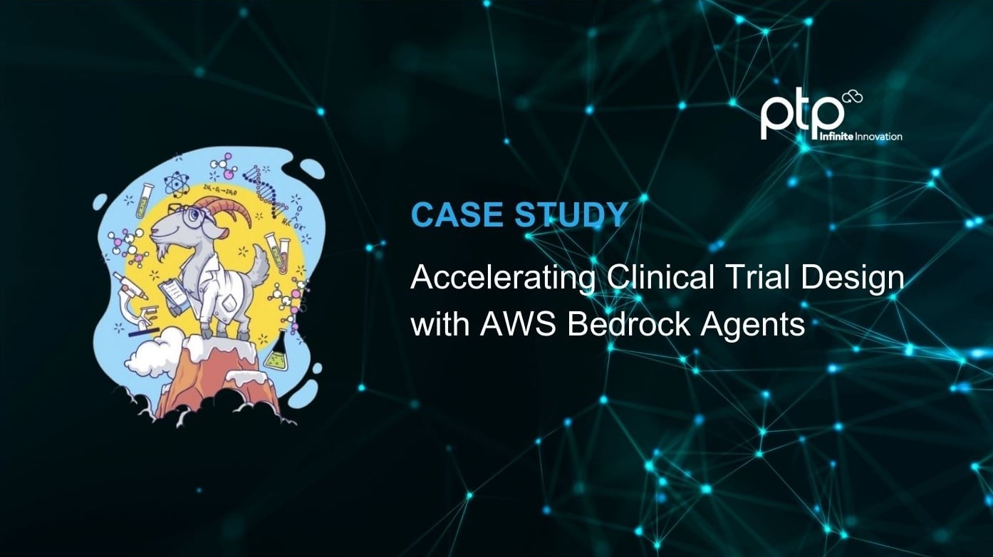Feature image for PTP Cloud case study on accelerating clinical trial design using AWS Bedrock agents for life sciences and biotech organizations