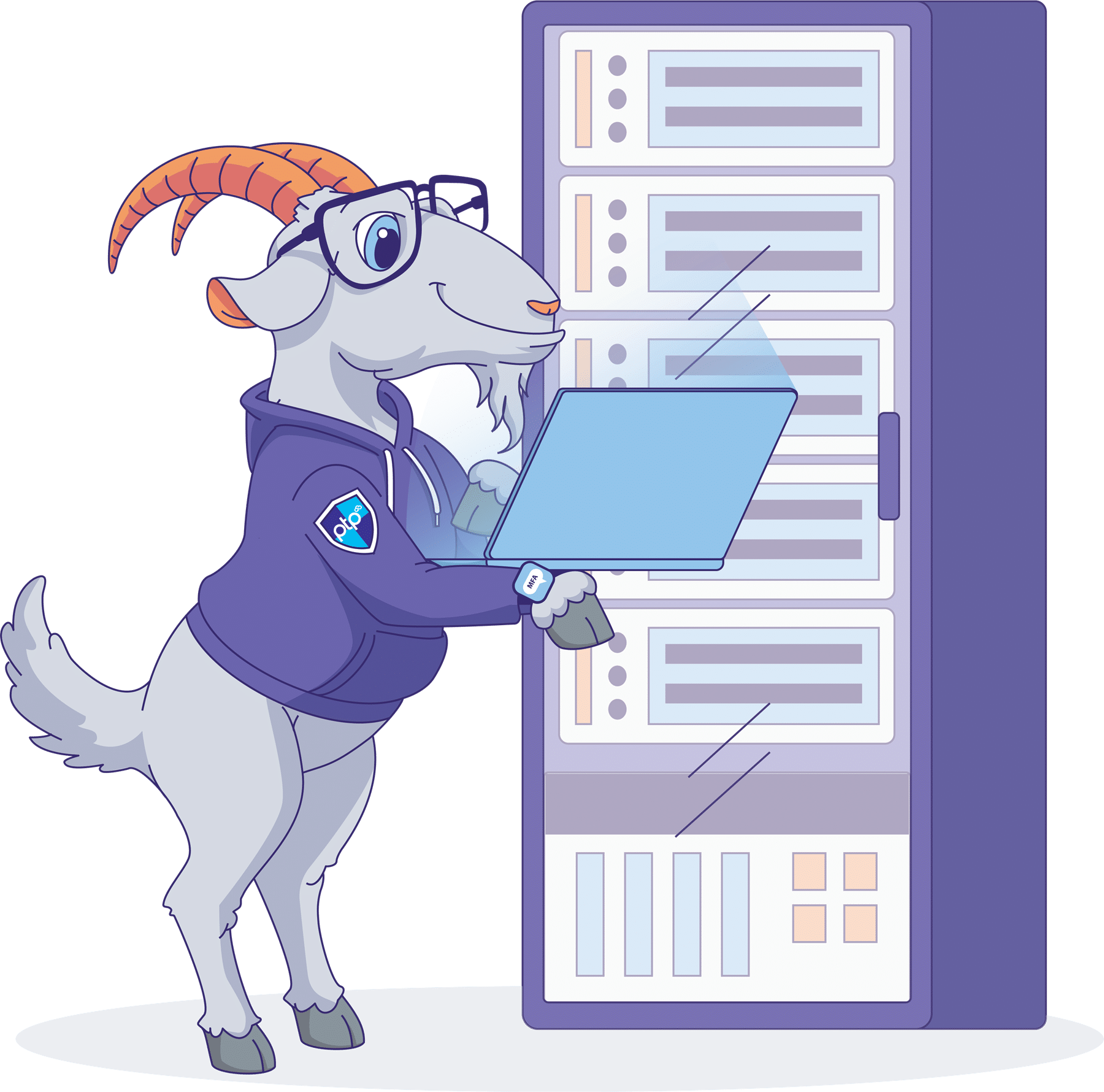 Illustrated PTP goat mascot using a laptop beside a server rack