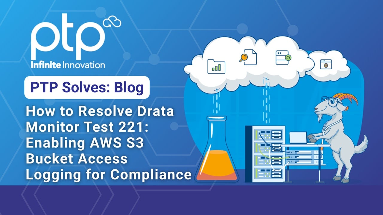 PTP Solves blog graphic about resolving Drata Monitor Test 221 by enabling AWS S3 bucket access logging for compliance
