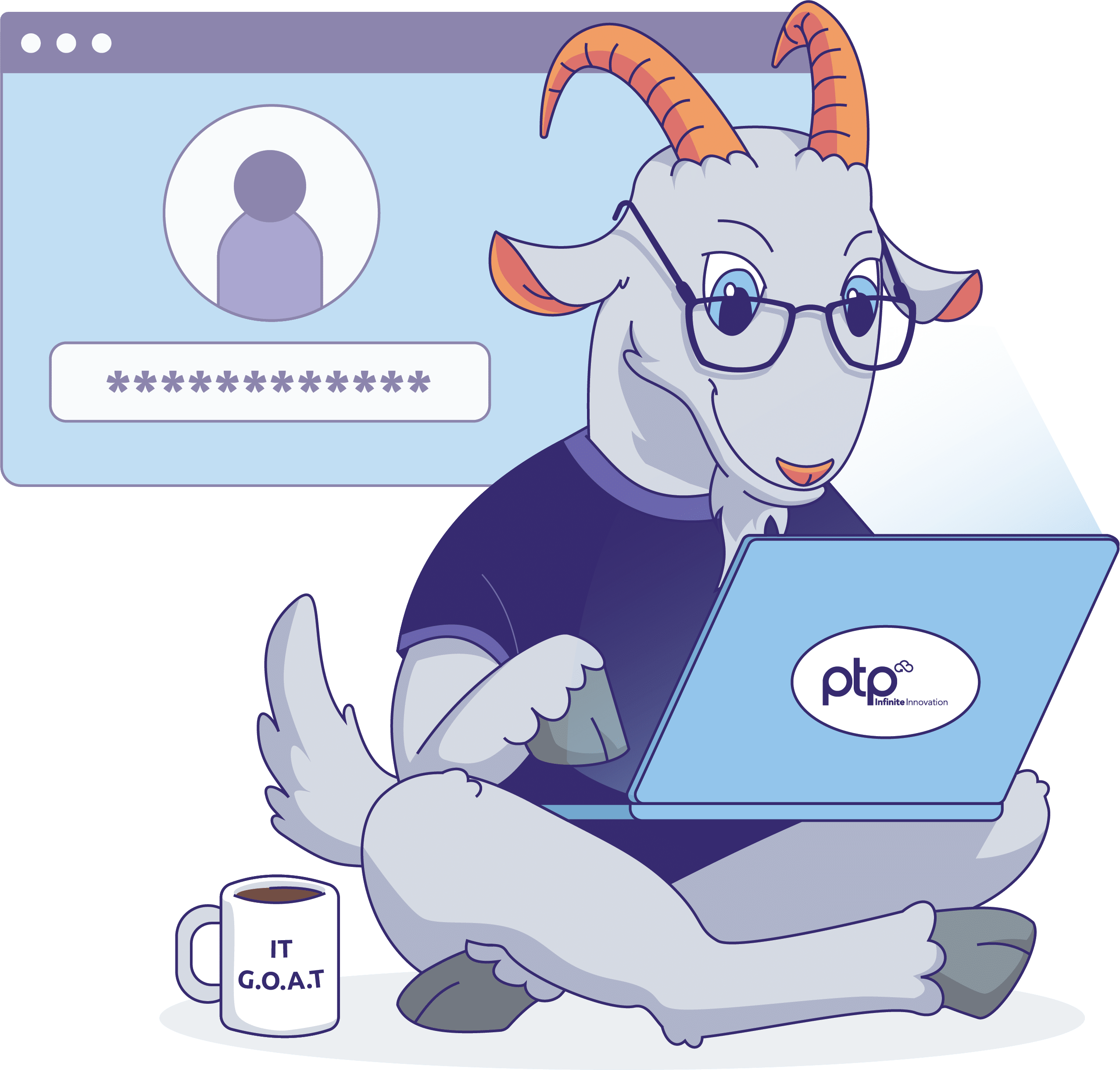 Illustrated PTP goat mascot using a laptop beside a secure login screen with a password field