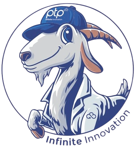 Illustrated PTP goat mascot wearing a PTP cap and lab coat with Infinite Innovation text in a circular logo design