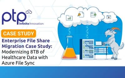 PTP case study graphic for enterprise file share migration showing modernization of 8TB of healthcare data with Azure File Sync