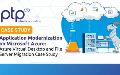 PTP case study graphic for application modernization on Microsoft Azure with Azure Virtual Desktop and file server migration