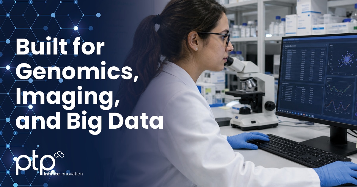 Scientist analyzing genomic and big data visualizations on a lab monitor with the headline Built for Genomics, Imaging, and Big Data